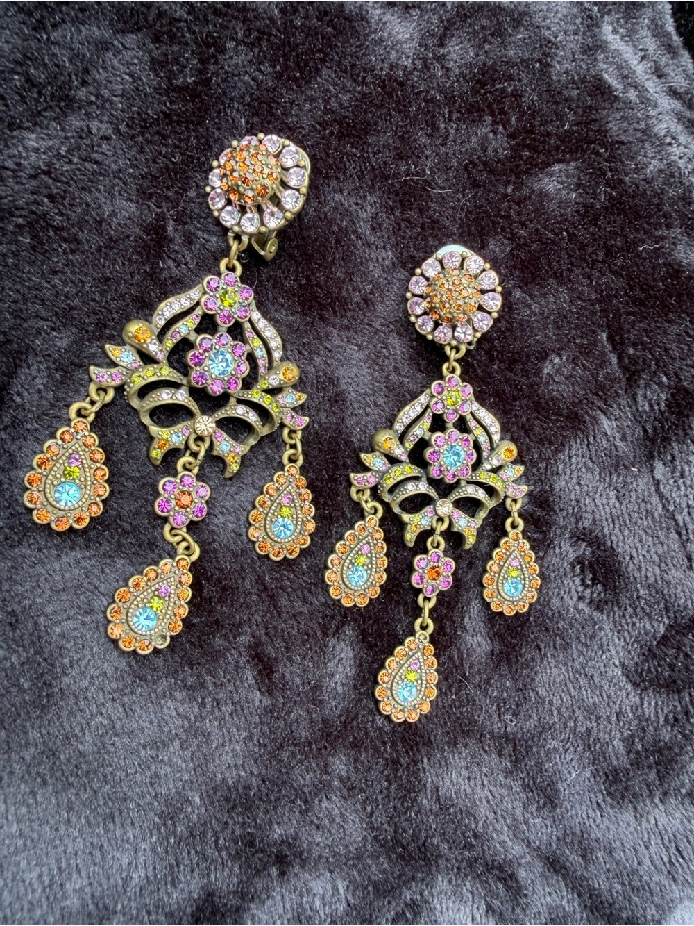 Heidi Daus Antique Gold Chandelier Earrings With Swarovski Crystal Floral Motif.